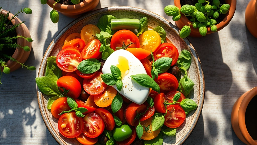 Overhead view of colorful Mediterranean salad with heirloom tomatoes, burrata cheese, fresh basil, olive oil drizzle on rustic ceramic plate, terracotta pots with herbs visible, dappled sunlight through trees, vibrant natural colors, appetizing composition