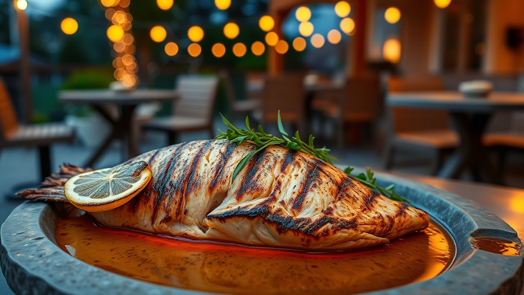 Grilled fish fillet with charred exterior, lemon wedge, microgreens, sitting on warm stone plate, wooden patio furniture visible, twinkling string lights above, dusky evening setting, smoke wisps rising, sophisticated plating, intimate dining atmosphere