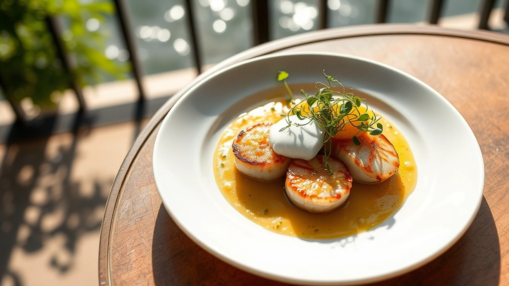 Overhead view of an elegantly plated seafood dish with seared scallops, citrus foam, and microgreens on white ceramic plate, soft natural sunlight casting gentle shadows on patio table with blurred water and trees in background