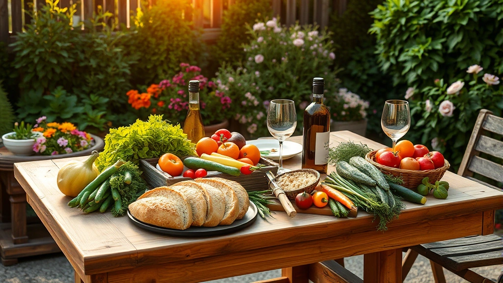 Rustic wooden table laden with fresh vegetables, crusty bread, olive oil bottle, and wine glasses on a garden patio surrounded by flowering plants and green foliage, golden hour sunlight creating warm ambiance