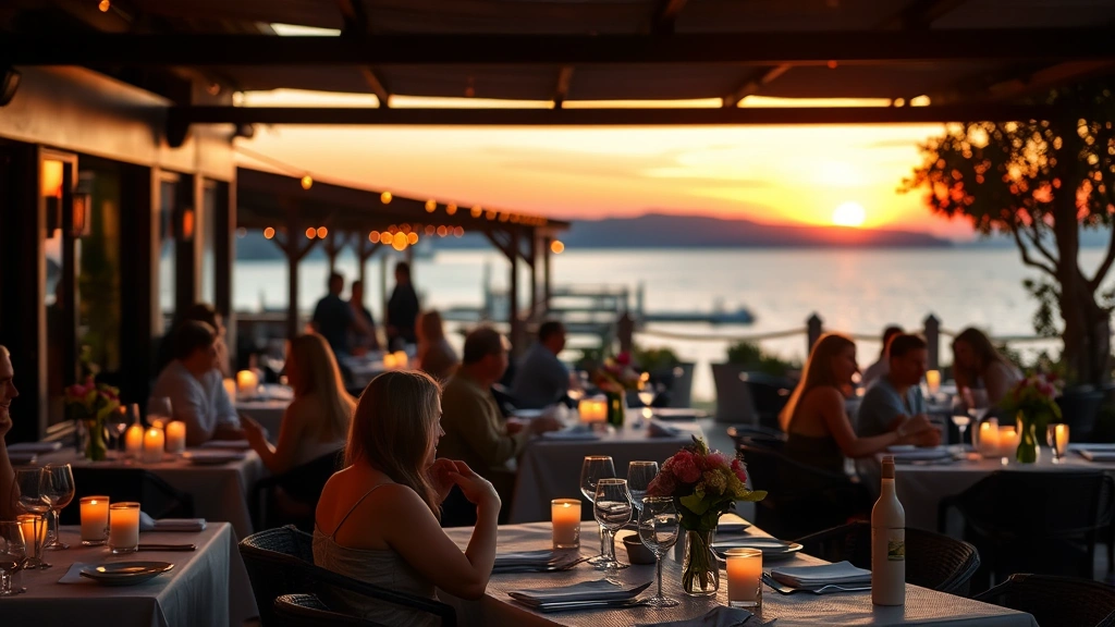Sunset view of a restaurant patio with diners enjoying meals at candlelit tables, fresh flowers as centerpieces, and blurred water reflection visible beyond the dining area