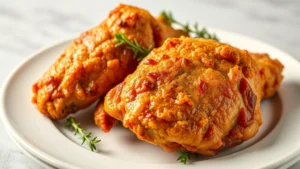 Golden-brown fried chicken with crispy mahogany exterior, perfectly seasoned, served on white ceramic plate with fresh thyme garnish, studio lighting highlighting texture