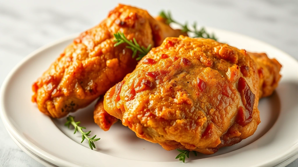 Golden-brown fried chicken with crispy mahogany exterior, perfectly seasoned, served on white ceramic plate with fresh thyme garnish, studio lighting highlighting texture