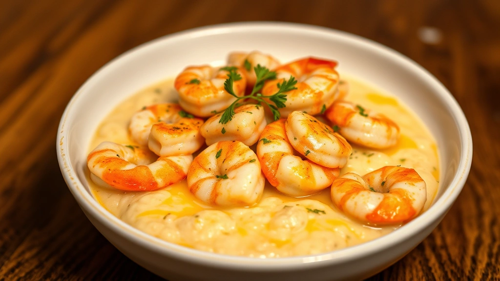 Creamy shrimp and grits in shallow white bowl, plump Gulf shrimp arranged over cheese-enriched grits, garnished with fresh herbs, warm soft lighting emphasizing sauce richness