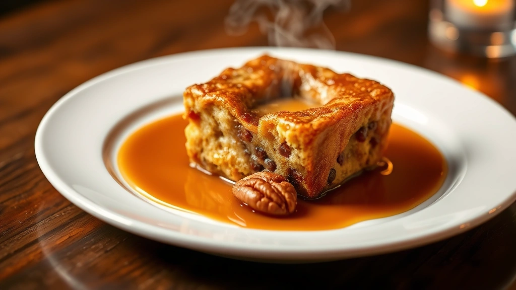 Elegant dessert presentation: bourbon bread pudding with caramel sauce drizzle on white plate, steam rising slightly, warm ambient lighting, single pecan visible, professional plating