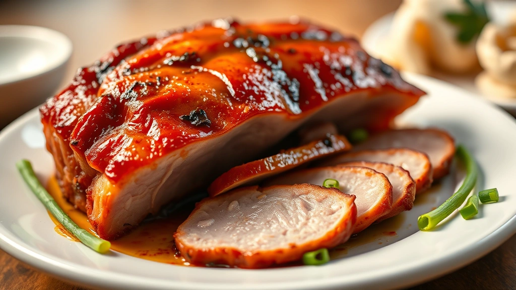 Close-up of perfectly roasted Peking duck with crispy mahogany skin glistening under warm light, sliced to show tender meat inside, arranged on white porcelain with fresh scallions and steamed pancakes nearby, shallow depth of field, professional food photography