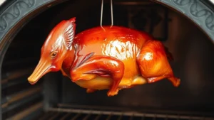 Perfectly roasted Peking duck hanging in a traditional wood-fired oven, glossy mahogany skin glistening with rendered fat, golden-brown exterior showing caramelized glaze, warm oven glow illuminating the bird, professional kitchen setting