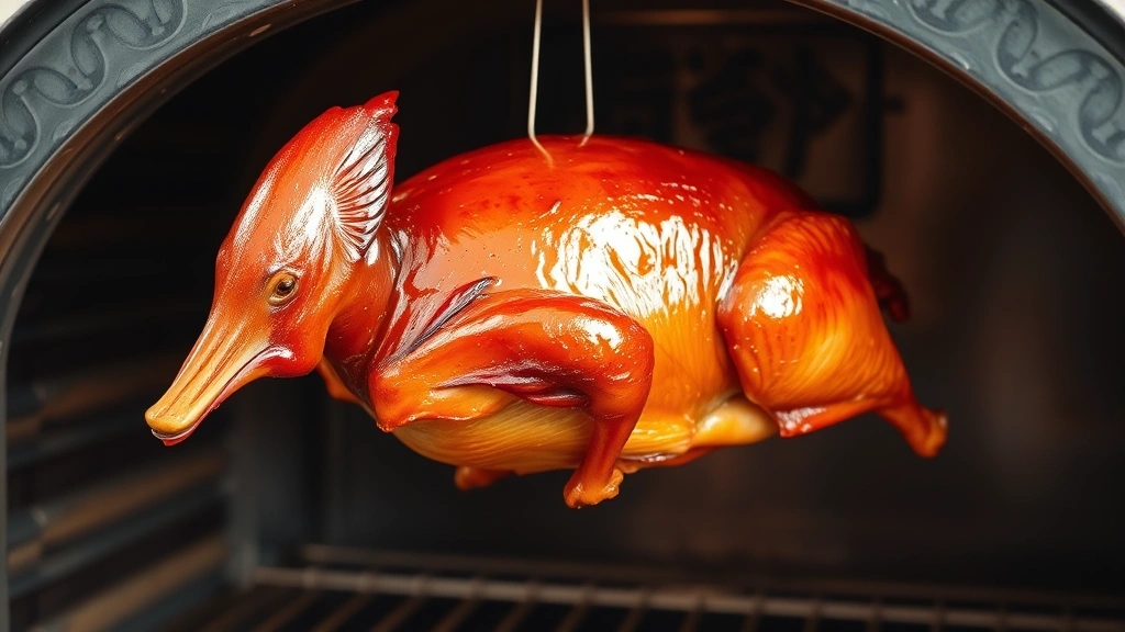 Perfectly roasted Peking duck hanging in a traditional wood-fired oven, glossy mahogany skin glistening with rendered fat, golden-brown exterior showing caramelized glaze, warm oven glow illuminating the bird, professional kitchen setting