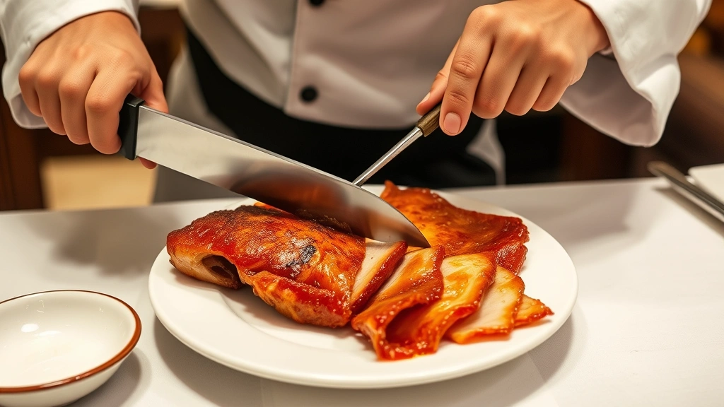 Master chef expertly carving Peking duck tableside with long sharp blade, separating crispy skin from succulent meat in precise motions, specialized carving implements visible, golden skin pieces being carefully arranged on white plate, traditional service presentation