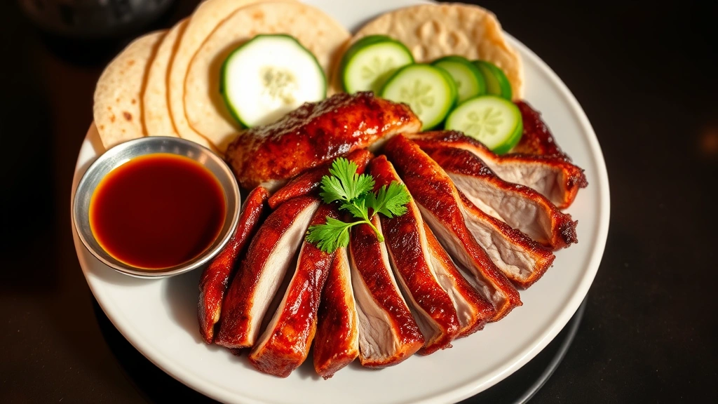 Plated Peking duck service with thin wheat pancakes, sliced fresh cucumber, scallion pieces, and sweet bean sauce arranged artfully, crispy skin pieces showcasing rendered fat layer, garnished with cilantro, warm lighting highlighting the mahogany exterior and textural details
