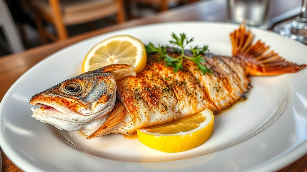 Golden pan-seared grouper fillet with crispy skin, fresh lemon wedge, and aromatic herbs on white plate, coastal restaurant setting, soft natural lighting, Gulf seafood preparation