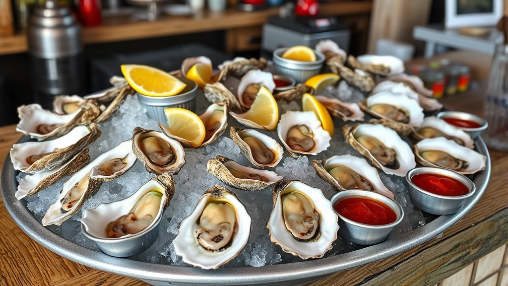 Raw oyster bar display with ice, fresh Gulf oysters on shells, citrus wedges, cocktail sauce in small bowls, rustic wooden counter, authentic beachside atmosphere
