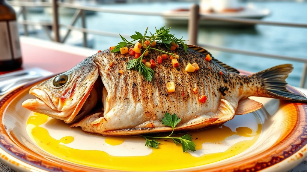 Whole roasted branzino fish with Mediterranean aromatics, olive oil drizzle, fresh herbs garnish, served on ceramic plate, waterfront dining backdrop, professional culinary presentation
