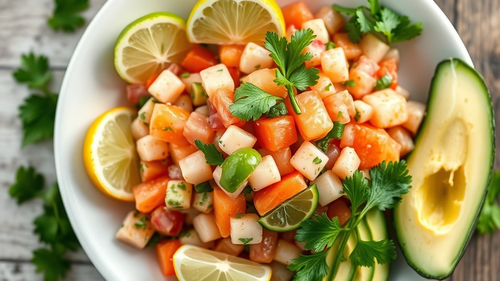 Overhead shot of vibrant ceviche served on white ceramic plate with lime wedges, fresh cilantro garnish, and creamy avocado slices, professional culinary presentation, natural lighting, shallow depth of field