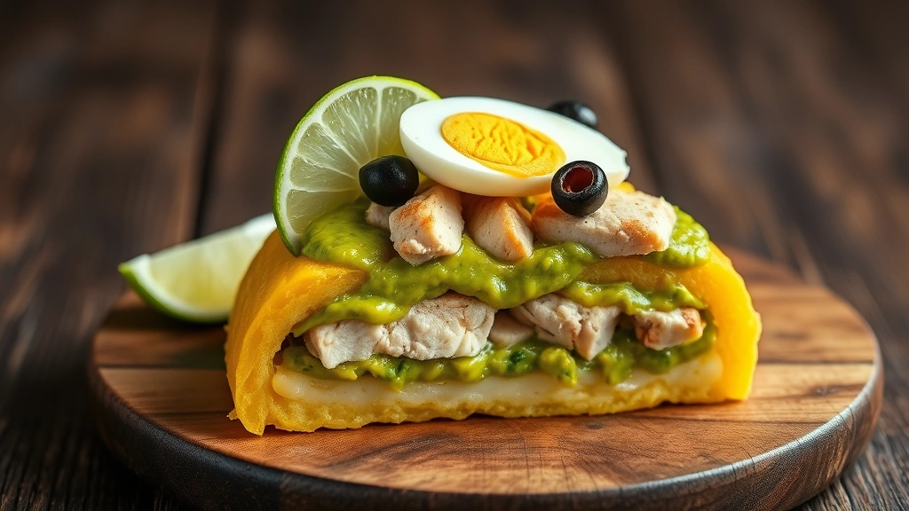 Rustic wooden table displaying causa limeña in cross-section layers showing golden yellow potato base, creamy avocado filling, tender chicken, and vibrant lime-colored sauce, garnished with black olives and hard-boiled egg, natural daylight