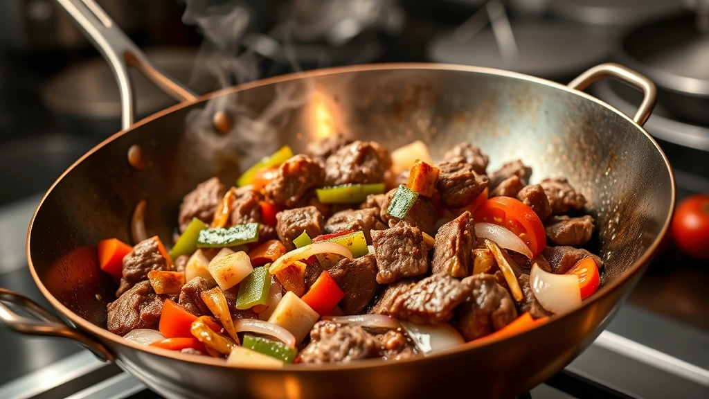 Sizzling wok with lomo saltado mid-toss, tender beef strips with caramelized edges, vibrant red onions, fresh tomatoes, and green peppers, steam rising, copper wok catching light, professional kitchen setting, dynamic action shot