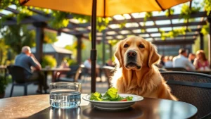 Golden retriever sitting peacefully under a shaded umbrella at an outdoor restaurant patio table, with a water bowl and fresh salad plate visible, warm afternoon sunlight filtering through pergola, other diners blurred in background