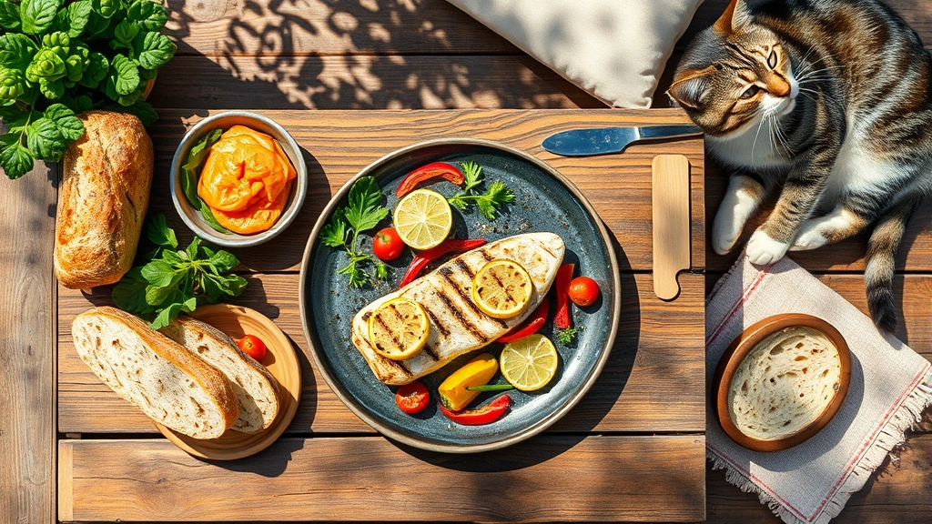 Overhead shot of a rustic wooden outdoor dining table featuring grilled fish with lemon, fresh vegetables, and artisanal bread, with a calm tabby cat resting nearby on a cushion, natural light casting soft shadows