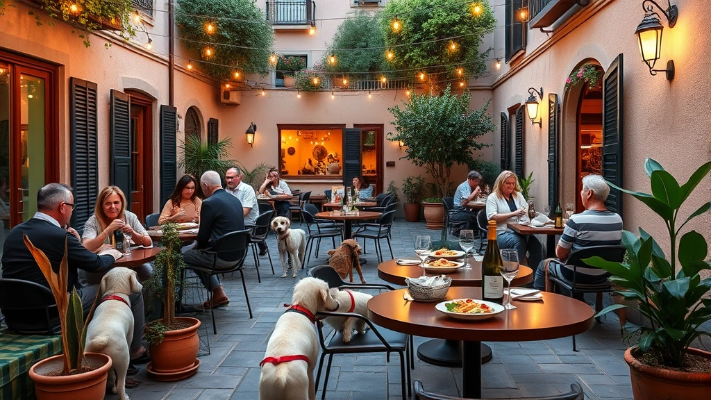 Cozy courtyard restaurant setting with multiple tables featuring diners and their leashed dogs, Mediterranean-style potted plants, string lights overhead creating ambient evening glow, fresh pasta and wine visible on tables