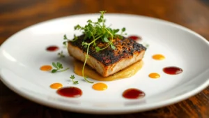 Close-up of an elegantly plated fine dining dish with microgreens, sauce dots, and a protein centerpiece on white ceramic plate, soft natural lighting, shallow depth of field, professional culinary presentation