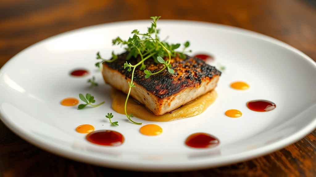 Close-up of an elegantly plated fine dining dish with microgreens, sauce dots, and a protein centerpiece on white ceramic plate, soft natural lighting, shallow depth of field, professional culinary presentation
