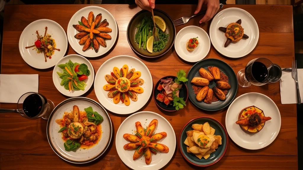 Overhead view of a multi-course meal spread across a wooden table with various small plates, colorful vegetables, and artfully arranged appetizers, wine glasses visible, warm ambient restaurant lighting
