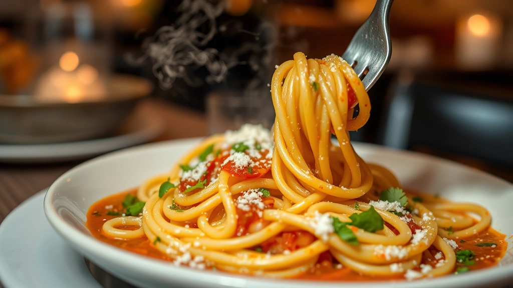 Detail shot of handmade fresh pasta with rich sauce, herbs garnish, grated cheese, fork twirling noodles, steam rising, intimate restaurant setting with blurred background