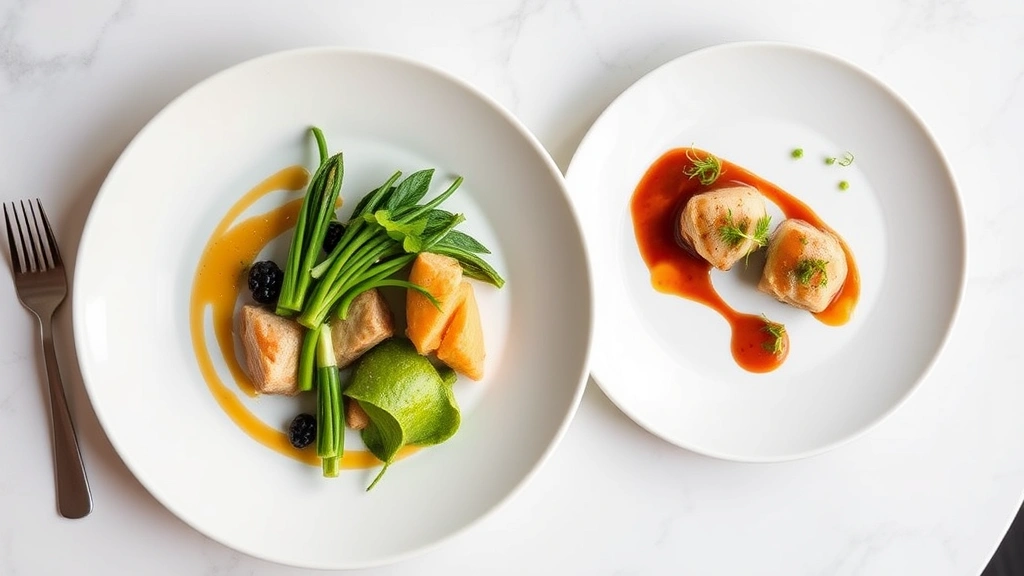 Overhead shot of an elegantly plated three-course fine dining progression on white ceramic plates, showcasing spring vegetables, delicate proteins, and artistic sauce presentations, soft natural lighting, high-end restaurant setting, vibrant green herbs and microgreens