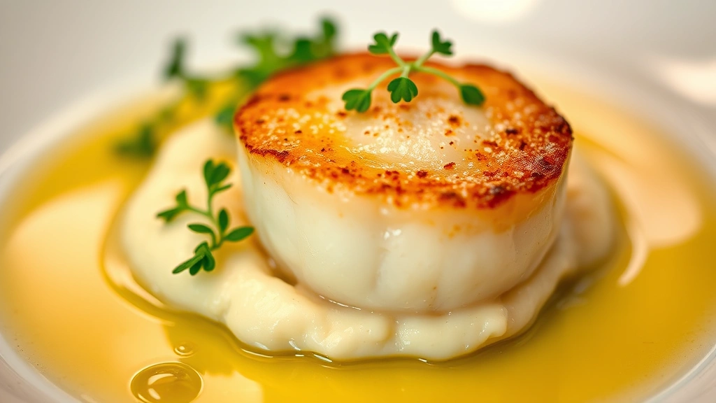 Close-up of a perfectly seared scallop with golden crust on creamy cauliflower puree, garnished with microgreens and herb oil droplets, shallow depth of field, professional restaurant plating, soft warm lighting highlighting texture and gloss