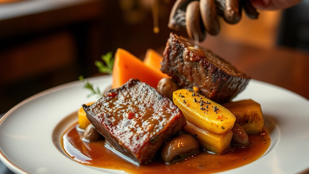 Autumn harvest plate featuring roasted root vegetables, braised short rib, mushroom preparations, and rich brown sauce reduction, warm golden lighting, rustic yet refined plating style, steam rising from hot elements, sophisticated restaurant presentation