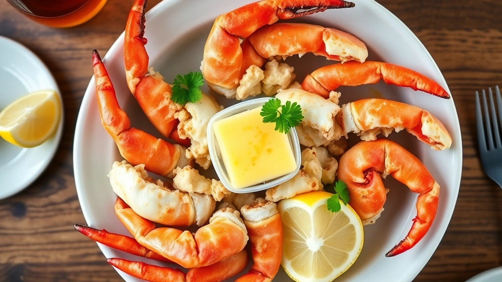 Overhead view of fresh Dungeness crab legs with melted butter and lemon wedges on white ceramic plate, garnished with fresh parsley, coastal restaurant setting