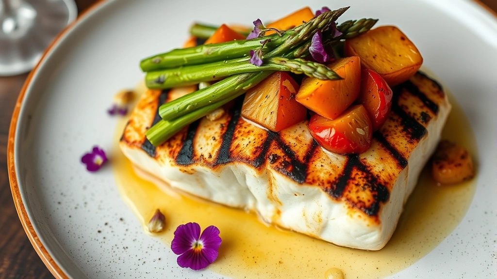 Grilled Pacific halibut fillet with charred exterior, topped with seasonal vegetables including asparagus and roasted root vegetables, restaurant plating with edible flowers