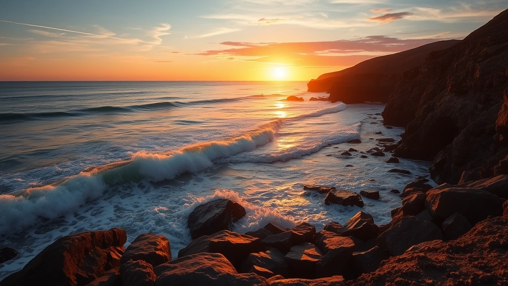 Sunset view of ocean waves crashing on rocks with golden hour lighting reflecting off water, cliff-side coastal landscape at dusk, serene and romantic ambiance