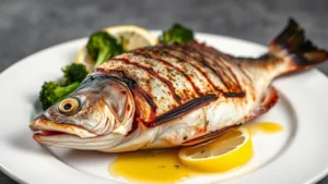 Fresh grilled whole pompano fish with charred skin, served on white plate with roasted broccolini, lemon wedge, and herb oil drizzle, professional food photography lighting
