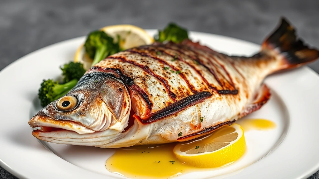 Fresh grilled whole pompano fish with charred skin, served on white plate with roasted broccolini, lemon wedge, and herb oil drizzle, professional food photography lighting