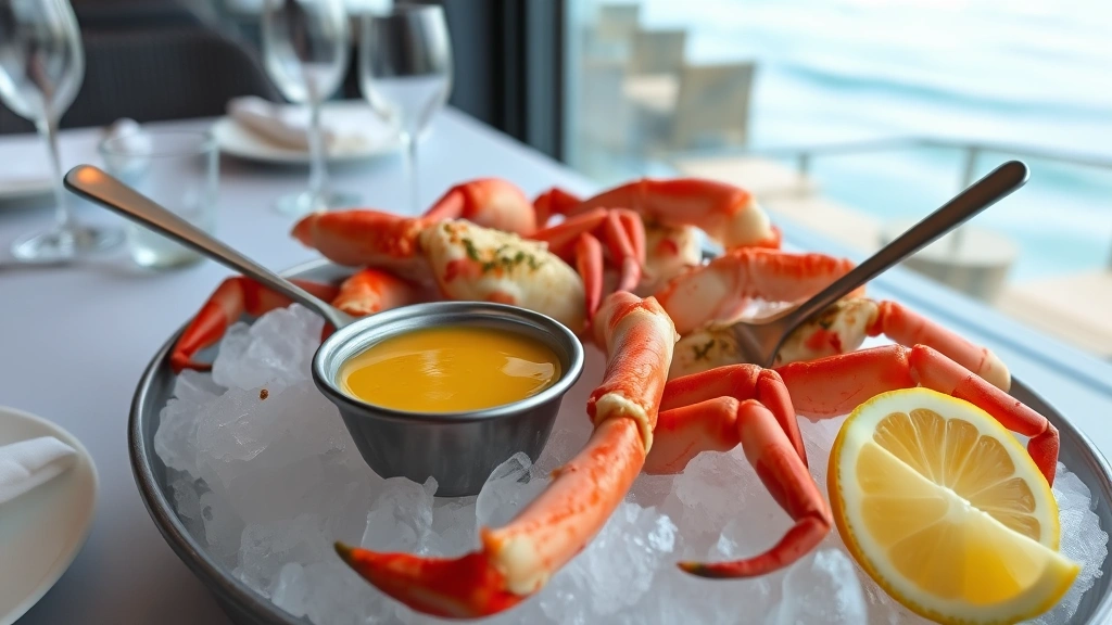 Stone crab claws chilled on ice bed with mustard sauce in small bowl, lemon wedges, and cocktail fork, coastal restaurant table setting with ocean blurred background