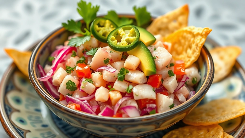 Vibrant ceviche bowl with diced white fish, citrus cure, diced red onion, cilantro, avocado slices, crispy plantain chips, and jalapeño garnish, artful plating on ceramic dish