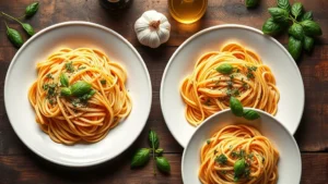 Overhead view of Italian pasta dishes with fresh basil, olive oil, and garlic cloves arranged on white ceramic plates, warm natural lighting, rustic wooden table background, professional food photography style