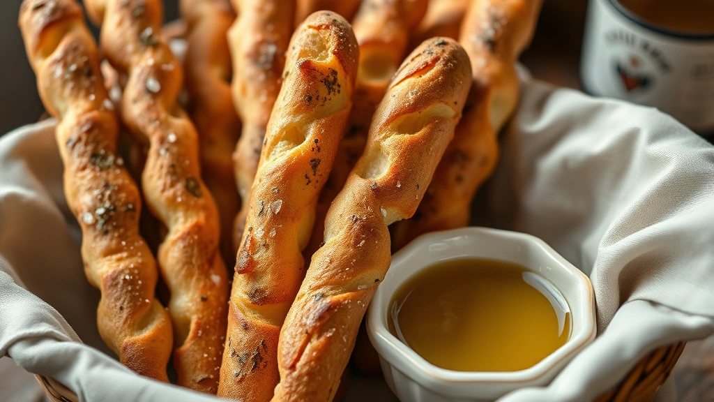 Close-up of warm, golden-brown breadsticks dusted with herbs and sea salt, steam rising, arranged in a linen-lined basket with olive oil dipping sauce in small ceramic bowl, Italian kitchen ambiance