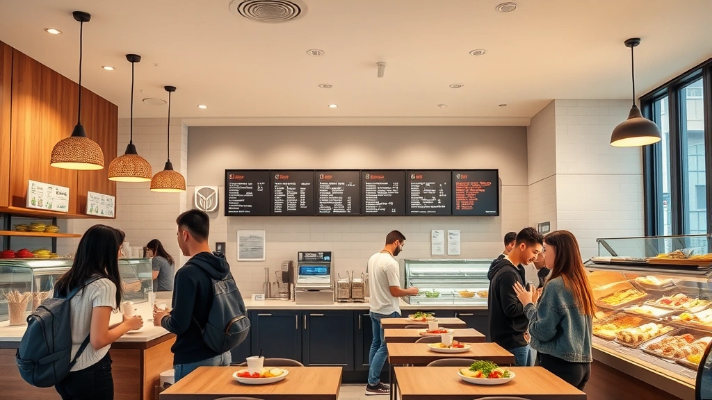 Modern fast-casual restaurant interior with minimalist counter service design, fresh ingredient displays, warm pendant lighting, young customers ordering and eating, contemporary casual dining environment