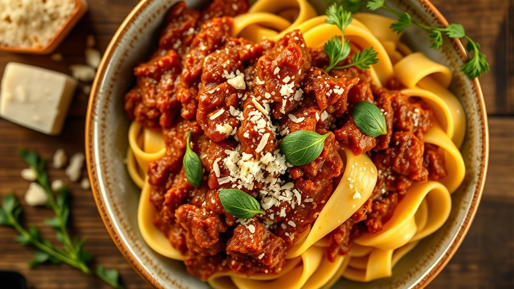 Overhead shot of handmade pappardelle pasta with rich wild boar ragù sauce, fresh herbs, grated Pecorino cheese, rustic wooden table, warm golden lighting, shallow depth of field