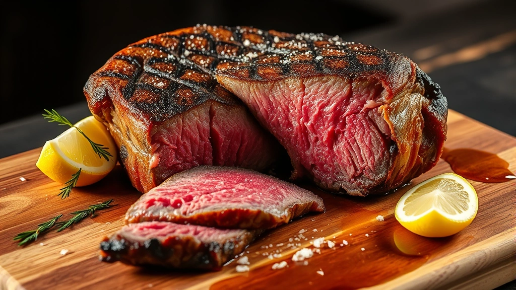 Thick-cut Chianina beef bistecca alla fiorentina on wooden cutting board, charred exterior, rose-pink interior, fleur de sel crystals, fresh lemon wedge, Tuscan olive oil drizzle, dramatic side lighting