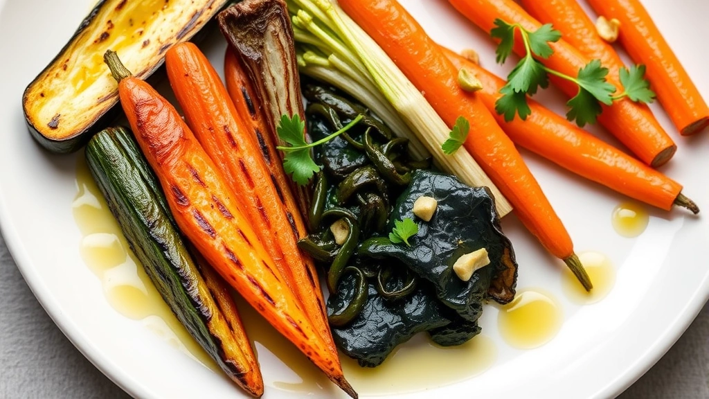 Colorful seasonal vegetables—charred zucchini, roasted baby carrots, grilled radicchio, fresh cavolo nero—arranged on white ceramic plate, olive oil sheen, garnished with fresh herbs, minimalist plating