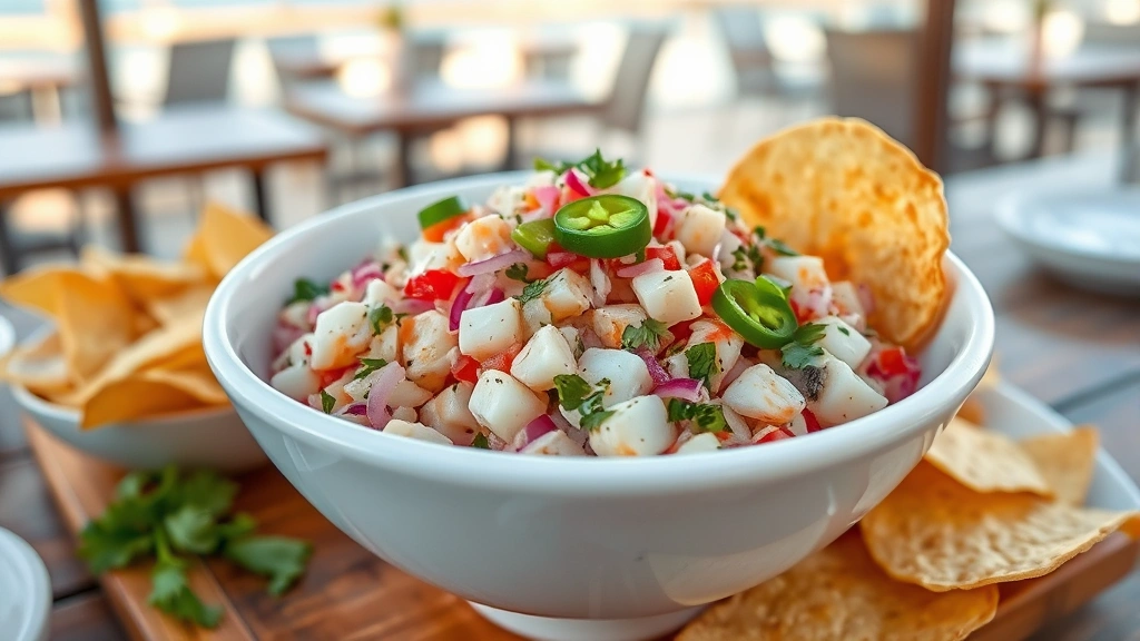 Fresh ceviche in a white bowl with diced fish, lime juice, red onions, cilantro, and jalapeños, garnished with crispy tortilla chips on the side, coastal Mexican beach restaurant setting
