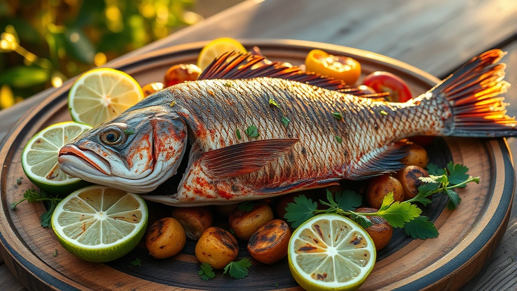 Whole grilled red snapper with charred skin on a rustic wooden plate, accompanied by grilled lime halves, fresh herbs, and roasted vegetables under warm golden sunlight