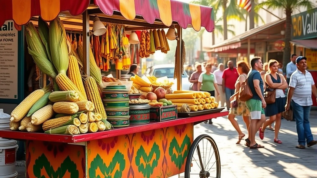 Colorful street food vendor cart with fresh elote corn, tamales, and traditional Mexican breakfast items, bustling Puerto Vallarta market with morning light and local customers