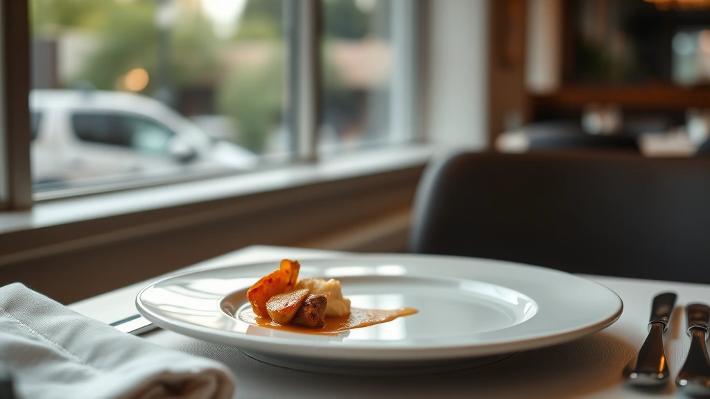 Elegant plated dish with delicate sauce on white ceramic plate, soft natural window lighting, minimalist table setting with linen napkin, subtle depth of field background showing quiet restaurant ambiance