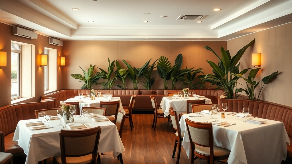 Intimate restaurant interior with soft warm lighting, widely spaced tables with white tablecloths, upholstered seating, muted earth tone walls, potted plants creating acoustic separation, empty chairs suggesting peaceful environment