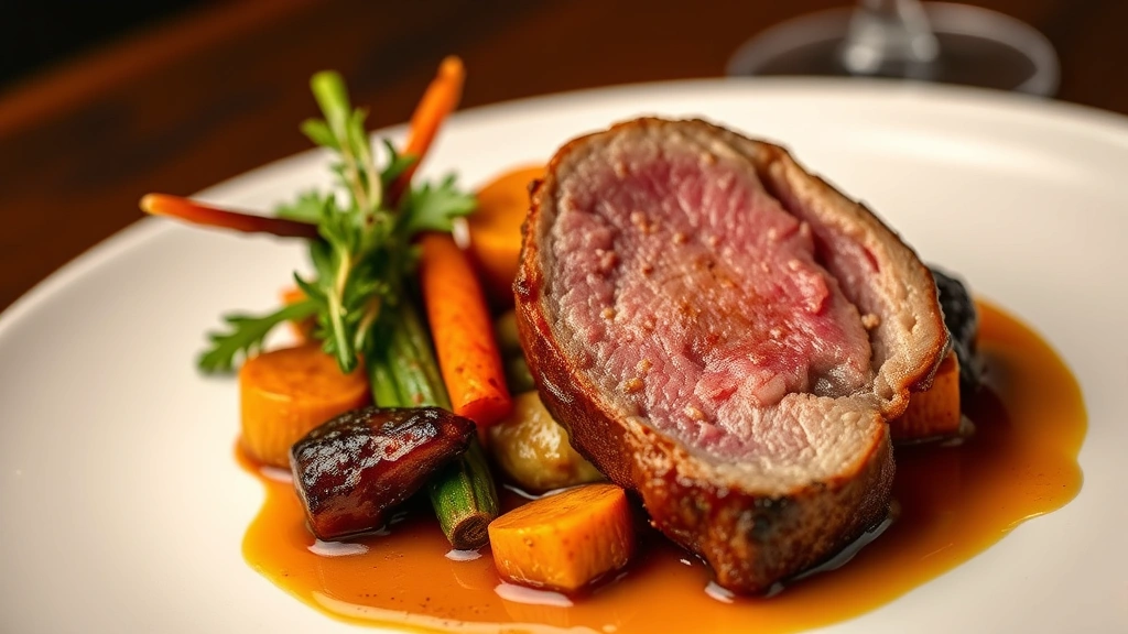 Close-up of an intricate main course with perfectly seared duck breast, vibrant roasted vegetables, glossy sauce, and architectural plating on fine dining dishware