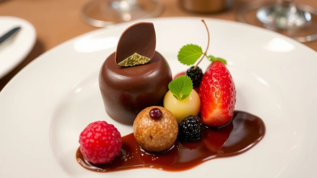 Artfully composed dessert course showing chocolate element, fresh fruit, sugar work, edible gold leaf, and artistic presentation on white plate in fine dining setting